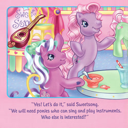 Size: 2350x2350 | Tagged: safe, artist:lyn fletcher, minty, sweetsong, toola-roola, earth pony, pony, g3, beta toola roola, bipedal, dialogue, duo focus, female, food, heart, heart eyes, high res, ice cream, mandolin, mare, milkshake, musical instrument, offscreen character, pony pop stars, scan, sitting, wingding eyes