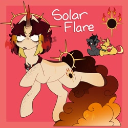 Size: 2000x2000 | Tagged: safe, artist:orionofthestars, king sombra, sunset shimmer, oc, oc:solar flare, pony, unicorn, g4, alicorn amulet, body markings, colored hooves, crack shipping, eyes closed, female, floating, freckles, glowing, glowing eyes, gradient horn, halo, high res, horn, jewelry, leg freckles, lying down, male, no iris, no pupils, offspring, parent:king sombra, parent:sunset shimmer, parents:sombrashimmer, red background, red eyes, ring, shipping, simple background, sombra eyes, sombrashimmer, straight, tail, tail ring, trio, unicorn oc, white eyes