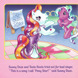 Size: 2350x2350 | Tagged: safe, artist:lyn fletcher, sunny daze (g3), toola-roola, earth pony, pony, g3, beta toola roola, bipedal, blushing, clothes, dialogue, dress, duo, female, heart, heart eyes, high res, mare, pony pop stars, scan, singing, wingding eyes