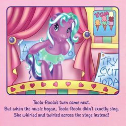 Size: 2350x2350 | Tagged: safe, artist:lyn fletcher, toola-roola, earth pony, pony, g3, beta toola roola, bipedal, clothes, dancing, female, heart, heart eyes, high res, mare, pony pop stars, scan, skirt, solo, wingding eyes