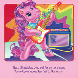 Size: 2350x2350 | Tagged: safe, artist:lyn fletcher, skywishes, earth pony, pony, g3, bipedal, female, guitar, high res, hoof hold, mare, musical instrument, playing instrument, pony pop stars, scan, solo