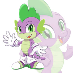 Size: 894x894 | Tagged: safe, artist:kanayanga, part of a set, spike, dragon, mobian, anthro, g4, open mouth, sonic the hedgehog (series), sonicified, waving, waving at you