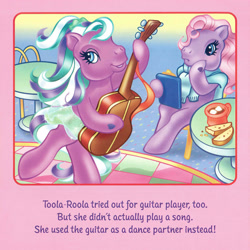 Size: 2350x2350 | Tagged: safe, artist:lyn fletcher, sweetsong, toola-roola, earth pony, pony, g3, anatomically incorrect, beta toola roola, bipedal, clothes, dancing, duo, female, guitar, heart, heart eyes, high res, hoof hold, incorrect leg anatomy, mare, musical instrument, pony pop stars, scan, sitting, skirt, sweater, wingding eyes