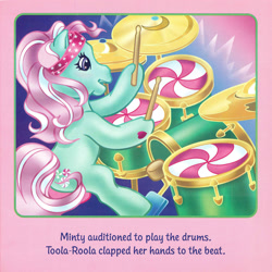 Size: 2350x2350 | Tagged: safe, artist:lyn fletcher, minty, earth pony, pony, g3, drums, drumsticks, emanata, female, headband, high res, hoof hold, mare, musical instrument, playing instrument, pony pop stars, scan, sitting, solo