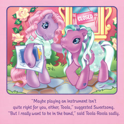 Size: 2350x2350 | Tagged: safe, artist:lyn fletcher, sweetsong, toola-roola, earth pony, pony, g3, beta toola roola, bipedal, clothes, comforting, dialogue, duo, female, heart, heart eyes, high res, hoof hold, mare, pony pop stars, scan, skirt, sweater, wingding eyes