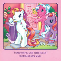 Size: 2350x2350 | Tagged: safe, artist:lyn fletcher, cotton candy (g3), sunny daze (g3), twinkle twirl, earth pony, pony, g3, bipedal, blushing, dialogue, female, heart, heart eyes, high res, hoof hold, mare, pony pop stars, scan, sparkly eyes, trio, wingding eyes