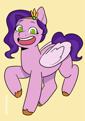 Size: 2919x4132 | Tagged: safe, artist:daisy_marshmallow, pipp petals, pegasus, pony, g5, adorapipp, cute, looking at you, no pupils, simple background, smiling, smiling at you, solo, yellow background