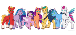 Size: 4132x1898 | Tagged: safe, artist:daisy_marshmallow, hitch trailblazer, izzy moonbow, misty brightdawn, pipp petals, sprout cloverleaf, sunny starscout, zipp storm, earth pony, pegasus, pony, unicorn, g5, bracelet, colored wings, eyebrows, eyebrows visible through hair, female, freckles, friendship bracelet, group, high res, jewelry, line-up, looking at you, male, mane five, mane six (g5), mane stripe sunny, mare, multicolored wings, no pupils, open mouth, open smile, pipp is short, sash, septet, sheriff's badge, signature, simple background, smiling, smiling at you, spread wings, sprout joins the mane five, stallion, unshorn fetlocks, white background, wings