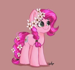 Size: 1641x1538 | Tagged: safe, artist:indigohatetrain, gloriosa daisy, earth pony, pony, g4, braid, earth pony gloriosa daisy, equestria girls ponified, female, floral head wreath, flower, flower in tail, gloriosa's cutie mark, mare, pink background, ponified, simple background, solo, tail