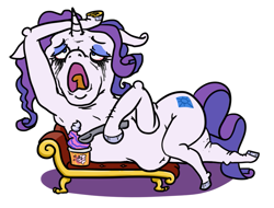 Size: 893x677 | Tagged: safe, artist:jargon scott, rarity, pony, unicorn, g4, belly button, chubby, crying, fainting couch, food, hoof hold, ice cream, lying down, marshmelodrama, muffin top, on side, open mouth, rarity being rarity, simple background, solo, spoon, white background