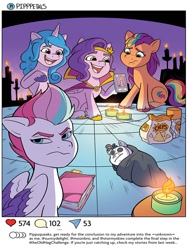 Size: 768x1024 | Tagged: safe, artist:abby bulmer, idw, official comic, izzy moonbow, pipp petals, sunny starscout, zipp storm, earth pony, pegasus, pony, unicorn, g5, spoiler:comic, spoiler:g5comic, spoiler:g5comic11, book, candle, cellphone, challenge, chips, female, food, frown, hashtag, headband, heart, jewelry, mane stripe sunny, mare, nervous, open mouth, open smile, paper airplane, phone, regalia, royal sisters (g5), siblings, sisters, smartphone, smiling, speech bubble, unamused, varying degrees of want, wavy mouth, worried, zipp storm is not amused