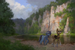Size: 2232x1500 | Tagged: safe, artist:koviry, oc, oc only, oc:silver lightning, earth pony, pegasus, pony, cliff, commission, forest, pegasus oc, ponified, scenery, sergeant reckless, water