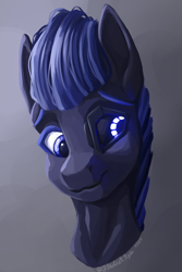 Size: 2000x3000 | Tagged: safe, artist:stardustspix, oc, oc only, oc:disthene, cyborg, earth pony, pony, black coat, blue eyes, blue mane, glowing, glowing eyes, high res, lineless, looking sideways, prosthetic eye, prosthetics, smiling, solo