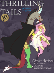Size: 831x1113 | Tagged: safe, artist:vilesmell, discord, fluttershy, undead, vampire, g4, blood, cover, female, magazine cover, male, pulp, ship:discoshy, shipping, straight