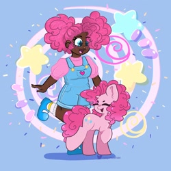 Size: 2048x2048 | Tagged: safe, artist:indigohatetrain, pinkie pie, earth pony, human, pony, g4, clothes, dark skin, duo, eyes closed, female, happy, high res, human ponidox, humanized, mare, open mouth, open smile, overalls, self paradox, self ponidox, smiling