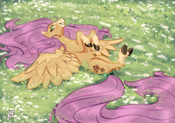 Size: 2388x1668 | Tagged: safe, artist:nightprince-art, fluttershy, pegasus, pony, g4, alternate cutie mark, belly, bow, coat markings, concave belly, cute, female, flower, flower field, grass, grin, hoers, horses doing horse things, long mane, long tail, lying down, mare, on back, shyabetes, smiling, socks (coat markings), solo, spread wings, tail, tail bow, unshorn fetlocks, wings