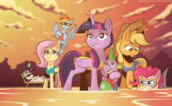 Size: 2500x1542 | Tagged: safe, artist:saturdaymorningproj, applejack, fluttershy, pinkie pie, rainbow dash, rarity, spike, twilight sparkle, alicorn, dragon, earth pony, pegasus, pony, unicorn, g4, beach, beach ball, blurry background, clothes, cloud, digital, horn, mane seven, mane six, one-piece swimsuit, septet, sundown, sunglasses, swimsuit, twilight sparkle (alicorn)