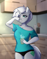 Size: 2000x2495 | Tagged: safe, artist:alunedoodle, oc, oc:emerald quarry, unicorn, anthro, black panties, breasts, clothes, commission, cup, female, high res, kitchen, legs together, panties, shirt, short hair, sleepy, solo, underwear, ych result