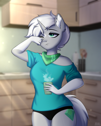 Size: 2000x2495 | Tagged: safe, artist:alunedoodle, oc, oc:emerald quarry, unicorn, anthro, black panties, breasts, bust, clothes, commission, cup, female, high res, kitchen, legs together, panties, portrait, scarf, shirt, short hair, sleepy, solo, underwear, ych result