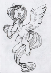 Size: 1024x1476 | Tagged: safe, artist:alcidence, fluttershy, pegasus, pony, g4, female, grayscale, looking at you, mare, monochrome, smiling, smiling at you, solo, spread wings, traditional art, wings