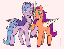 Size: 3738x2919 | Tagged: safe, artist:daisy_marshmallow, queen haven, sunny starscout, alicorn, pegasus, pony, g5, blushing, cute, duo, duo female, female, high res, holding hooves, lesbian, looking at you, mane stripe sunny, race swap, ship:sunnyhaven, shipping, simple background, smiling, smiling at you, sunnycorn
