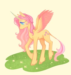 Size: 1210x1280 | Tagged: safe, artist:quartzbunny, fluttershy, alicorn, pony, g4, alicornified, fluttercorn, leonine tail, race swap, simple background, solo, spread wings, tail, wings, yellow background