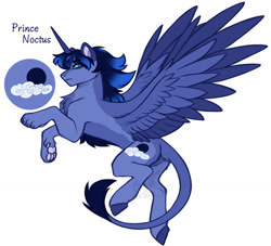 Size: 1024x931 | Tagged: safe, artist:purplegrim40, oc, oc only, alicorn, hybrid, pony, sphinx, alicorn oc, chest fluff, flying, horn, hybrid oc, interspecies offspring, male, offspring, parent:oc:magnus, parent:princess luna, parents:canon x oc, paws, rearing, simple background, sphinx oc, story included, underpaw, white background, wings