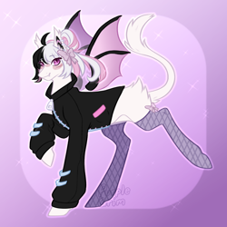 Size: 1002x1000 | Tagged: safe, artist:purplegrim40, oc, oc only, bat pony, pony, abstract background, bat pony oc, bow, clothes, female, fishnet stockings, gradient background, hair bow, mare, raised hoof, solo