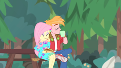 Size: 1920x1080 | Tagged: safe, alternate version, edit, edited screencap, screencap, big macintosh, fluttershy, human, equestria girls, g4, my little pony equestria girls: better together, wake up!, wake up!: applejack, arm around neck, breakfast, clothes, coffee mug, crossed legs, cute, dress, drinking, duo, eating, eyes closed, female, food, forest, hand on shoulder, male, mug, pancakes, picnic table, ship:fluttermac, shipping, shyabetes, sitting, straight, table
