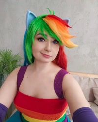 Size: 1080x1350 | Tagged: safe, artist:seabeersky, rainbow dash, human, g4, breasts, cleavage, clothes, cosplay, costume, dress, fall formal outfits, irl, irl human, multicolored hair, photo, rainbow hair, selfie, sleeveless, smiling, solo, wrong eye color