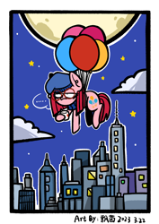 Size: 2480x3508 | Tagged: safe, artist:飘菌碍函数, pinkie pie, earth pony, pony, g4, balloon, clothes, coffee, female, floating, flying, glasses, hat, high res, mare, moon, night, pinkamena diane pie, scarf, skyscraper, then watch her balloons lift her up to the sky