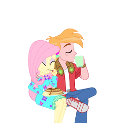 Size: 2250x2250 | Tagged: safe, anonymous artist, big macintosh, fluttershy, human, equestria girls, g4, my little pony equestria girls: better together, wake up!, wake up!: applejack, arm around neck, breakfast, clothes, coffee mug, crossed legs, cute, dress, drinking, duo, eating, eyes closed, female, food, hand on shoulder, high res, male, mug, pancakes, ship:fluttermac, shipping, shyabetes, simple background, sitting, straight, transparent background, vector