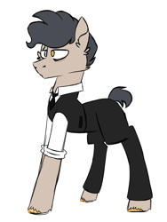 Size: 900x1200 | Tagged: safe, artist:fuckomcfuck, oc, oc only, oc:golden touch, earth pony, pony, bags under eyes, clothes, earth pony oc, eye scar, facial scar, fortnite, midas, necktie, ponified, rolled up sleeves, scar, simple background, solo, suit, white background