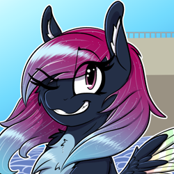 Size: 1000x1000 | Tagged: safe, artist:aryn, oc, oc:astral empyrean, pegasus, pony, bust, colored wings, female, gradient mane, gradient wings, looking at you, mare, one eye closed, pegasus oc, portrait, smiling, solo, wings, wink, winking at you