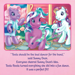 Size: 2350x2350 | Tagged: safe, artist:lyn fletcher, sunny daze (g3), sweetsong, toola-roola, earth pony, pony, g3, beta toola roola, bipedal, dialogue, female, heart, heart eyes, high res, hoof hold, mare, pony pop stars, scan, trio, wingding eyes