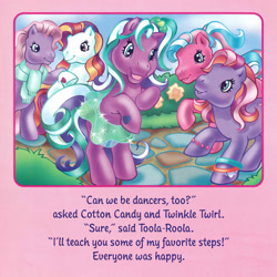 Size: 2330x2330 | Tagged: safe, artist:lyn fletcher, cotton candy (g3), sunny daze (g3), sweetsong, toola-roola, twinkle twirl, earth pony, pony, g3, bipedal, clothes, dialogue, female, group, heart, heart eyes, high res, mare, pony pop stars, quintet, scan, skirt, wingding eyes