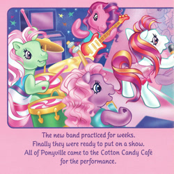 Size: 2330x2330 | Tagged: safe, artist:lyn fletcher, minty, skywishes, sunny daze (g3), sweetsong, earth pony, pony, g3, bipedal, clothes, dress, drums, drumsticks, female, group, guitar, heart, heart eyes, high res, hoof hold, mare, microphone, musical instrument, playing instrument, pony pop stars, quartet, scan, wingding eyes