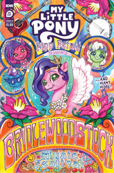 Size: 2063x3131 | Tagged: safe, artist:sophie scruggs, idw, official comic, fretlock, minty (g5), pipp petals, ruby jubilee, pegasus, pony, snail, g5, my little pony: bridlewoodstock, official, spoiler:comic, spoiler:g5, spoiler:g5comic, banjo, bridlewoodstock, cherry, color porn, colorful, comic cover, cover, cover art, diadem, dreadlocks, female, flower, food, garland, guitar, headband, heart, high res, jewelry, mare, music notes, musical instrument, my little pony logo, peace symbol, regalia, smiley face
