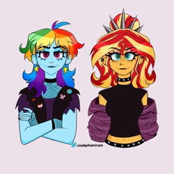 Size: 2048x2048 | Tagged: safe, artist:indigohatetrain, rainbow dash, sunset shimmer, human, equestria girls, g4, choker, clothes, duo, duo female, female, high res, punk, punkset shimmer, spiked choker