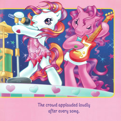 Size: 2350x2350 | Tagged: safe, artist:lyn fletcher, skywishes, sunny daze (g3), earth pony, pony, g3, bipedal, clothes, dancing, dress, drums, duo, eyes closed, female, guitar, heart, heart eyes, high res, hoof hold, mare, microphone, microphone stand, musical instrument, playing instrument, pony pop stars, scan, singing, wingding eyes