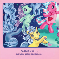 Size: 2350x2350 | Tagged: safe, artist:lyn fletcher, cotton candy (g3), meadowbrook (g3), minty, earth pony, pony, g3, bipedal, clothes, continuity error, crowd, dancing, dress, female, heart, heart eyes, high res, mare, pony pop stars, scan, starry eyes, trio focus, unnamed character, unnamed pony, wingding eyes