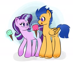 Size: 1668x1411 | Tagged: safe, artist:indigohatetrain, flash sentry, starlight glimmer, pegasus, pony, unicorn, g4, duo, female, food, friends, friendship, friendshipping, ice cream, ice cream cone, male, stallion