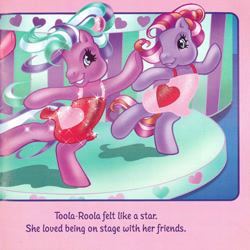 Size: 2350x2350 | Tagged: safe, artist:lyn fletcher, toola-roola, twinkle twirl, earth pony, pony, g3, bipedal, clothes, dancing, dress, duo, female, heart, heart eyes, high res, mare, pony pop stars, scan, sparkly eyes, wingding eyes