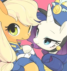 Size: 1890x2000 | Tagged: safe, artist:cheesesauce_45, applejack, rarity, earth pony, pony, unicorn, g4, ancient wonderbolts uniform, clothes, duo, female, lesbian, looking at you, mare, pink background, sgt. rarity, ship:rarijack, shipping, simple background, uniform