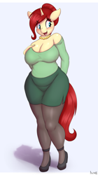 Size: 2808x5000 | Tagged: safe, artist:an-tonio, oc, oc only, oc:golden brooch, unicorn, anthro, big breasts, blushing, breasts, busty golden brooch, chubby, cleavage, clothes, female, high heels, horn, jewelry, lipstick, milf, mother, necklace, open mouth, open smile, pantyhose, pearl necklace, red lipstick, shoes, smiling, solo