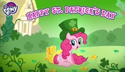 Size: 1039x602 | Tagged: safe, pinkie pie, g4, clover, coin, gold, green, green background, hat, holiday, ireland, saint patrick's day, shamrock, simple background