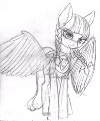 Size: 2550x3083 | Tagged: safe, artist:styroponyworks, inky rose, pegasus, pony, g4, braid, clothes, female, high res, lidded eyes, looking at you, mare, monochrome, organs, sketch, smiling, solo, spread wings, traditional art, wings