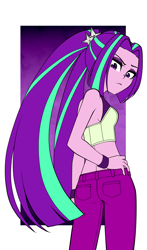 Size: 1000x1700 | Tagged: safe, artist:nekojackun, aria blaze, human, equestria girls, g4, abstract background, accessory, adorasexy, aria flat, ariabetes, arse-ia blaze, bracelet, breasts, clothes, cute, delicious flat chest, denim, eyelashes, eyeshadow, frown, hair tie, hand on hip, jeans, jewelry, looking at you, looking back, looking down, low angle, makeup, midriff, pants, pigtails, rear view, sexy, short shirt, sideboob, sleeveless, solo, tsundaria, tsundere, twintails, unamused
