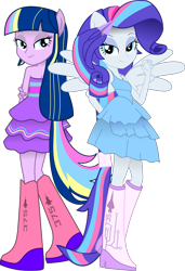 Size: 1705x2500 | Tagged: safe, artist:rarity3257, rarity, twilight sparkle, oc, oc only, oc:nightfall sparkle, oc:stardust falken, human, equestria girls, g4, bedroom eyes, boots, fall formal, fall formal outfits, high heel boots, high heels, looking at you, not rarity, not twilight sparkle, palindrome get, ponied up, shoes, simple background, spread wings, transparent background, wingding eyes, wings