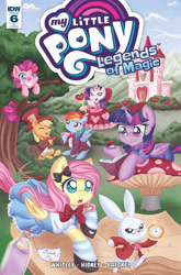 Size: 2063x3131 | Tagged: safe, artist:abbystarling, artist:abigail starling, idw, official comic, angel bunny, applejack, fluttershy, pinkie pie, rainbow dash, rarity, twilight sparkle, alicorn, caterpillar, pony, g4, legends of magic #6, my little pony: legends of magic, spoiler:comic, alice, alice in wonderland, book, castle, cheshire cat, clothes, comic cover, cover, cover art, dress, high res, mad hatter, mane six, march hare, mary janes, mushroom, pocket watch, puffy sleeves, queen of hearts, shoes, skirt, tree, twilight sparkle (alicorn), white rabbit